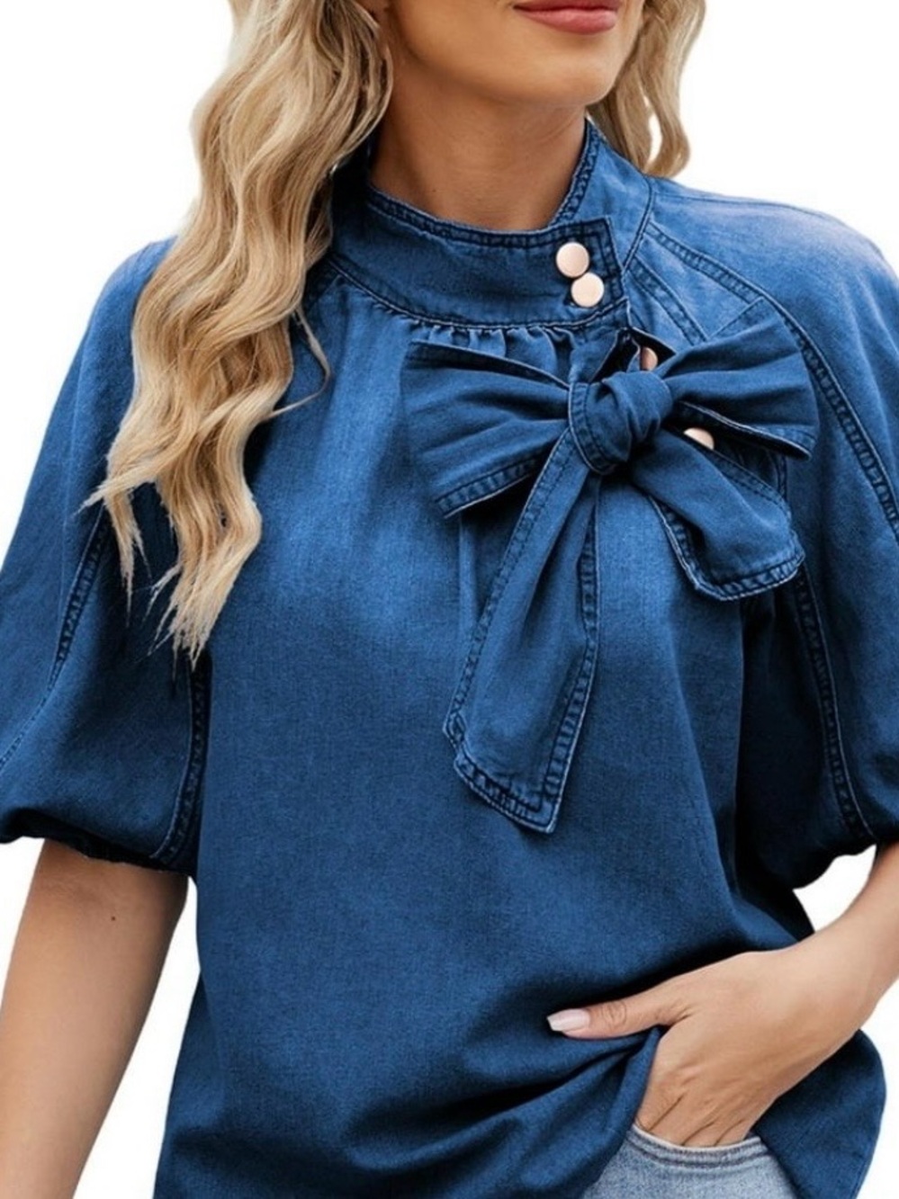 Denim Blouse Bow Tie ButtonUp Mock Neck Jean Shirt Elastic Puff Sleeve Loose Fit - Picture 1 of 7